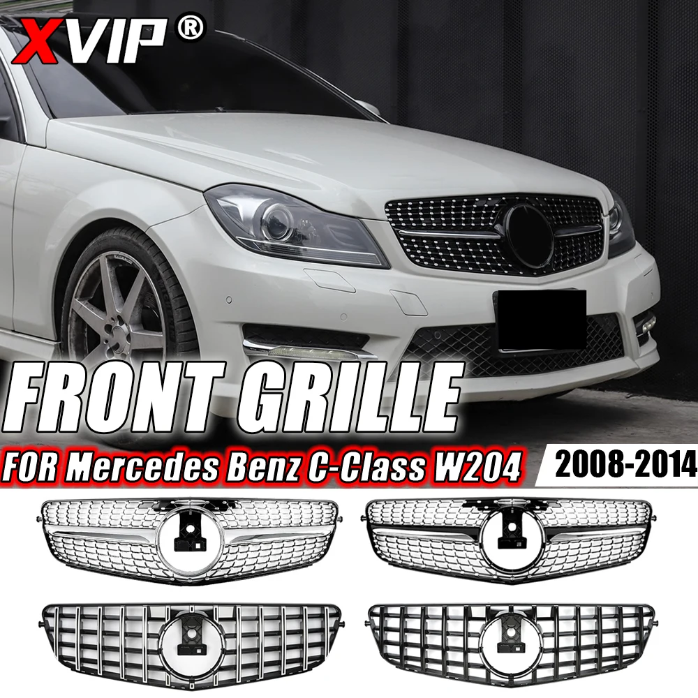 XVIP 크롬 다이아몬드 스타일 프론트 범퍼 그릴, 메르세데스 벤츠 C 클래스 W204 2008-2014 C180 C200 C280 용, 블랙 GTR 스타일 그릴