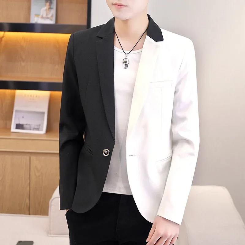 HOO Men's Fashion Colorblock blazer Youth Autumn Casual Dual-Color Patchwork Trendy Handsome