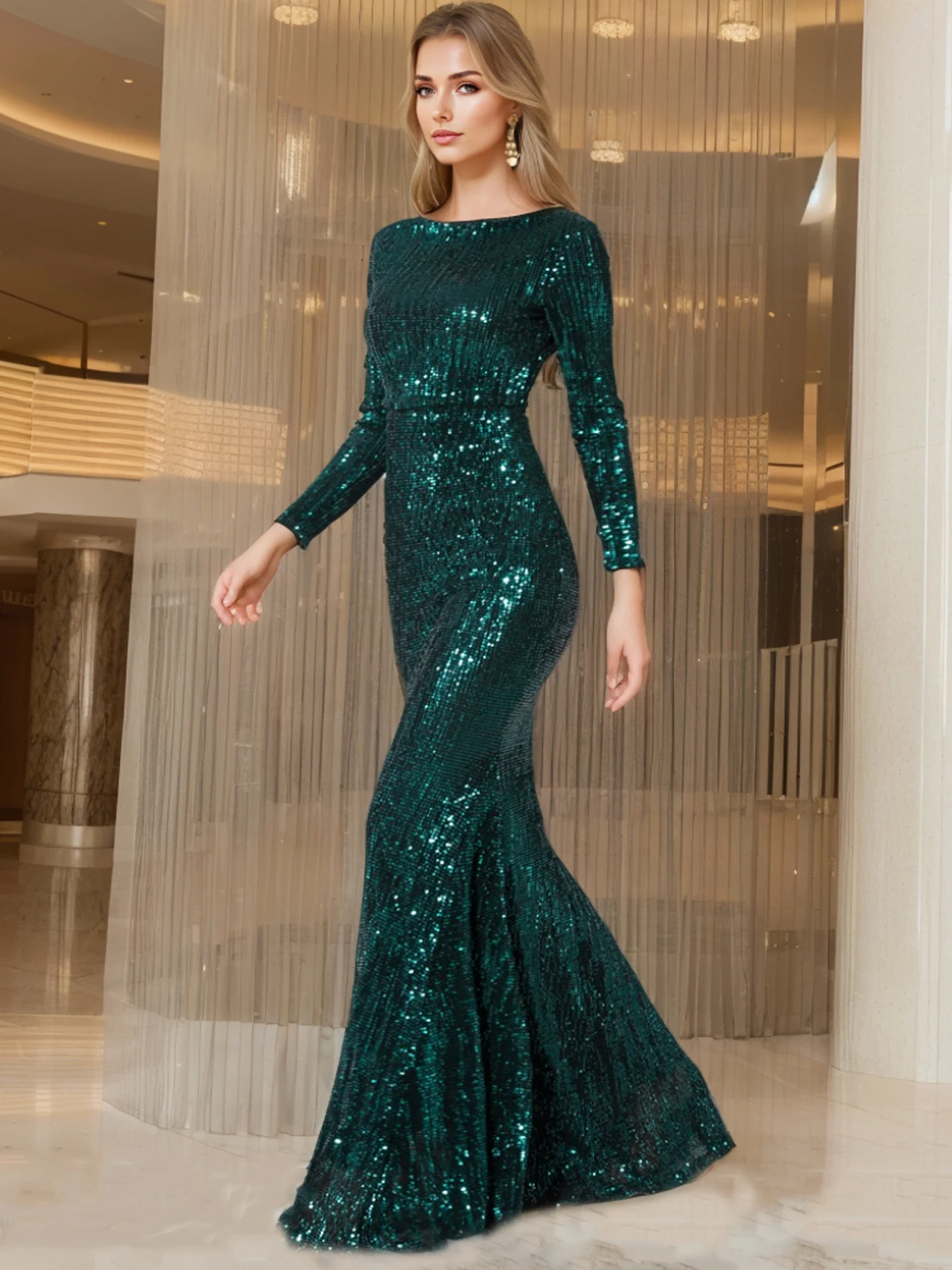 متواضع الأخضر كم طويل حورية البحر الترتر ثوب مسائي...