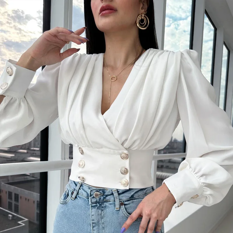 Fashion V-neck Sexy Long-Sleeved Women Shirt Short Style Collect Waist Puffed Sleeve Solid Color Pleated Blouse Female Top SH118