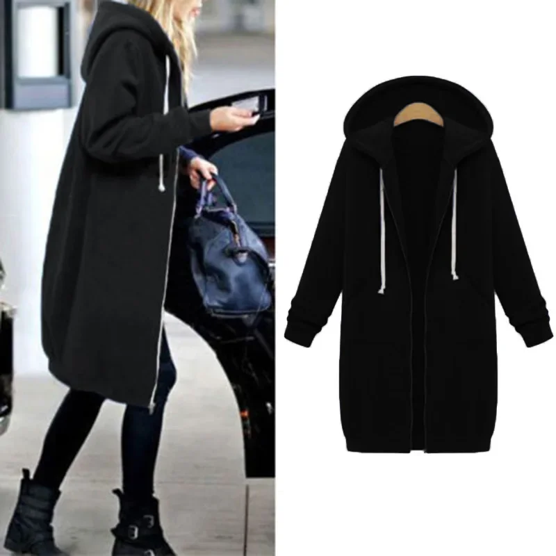 Women Zipper Hoodies Long Outerwear Femme Sudaderas Mujer Sweat 2024 Women Autumn Winter Oversized Hoodies Pockets Sweatshirt