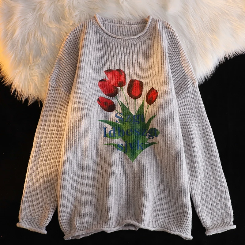 

2023 Letter Flowers Printing Gray Casual Ladies Sweater Autumn Winter New Classic Women Knitwear O-neck Pullovers Women Y2k