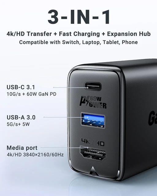 Chargeur réseau Acefast A41, 2x USB-C + USB, GaN 65W (noir) - Performant et  sûr 