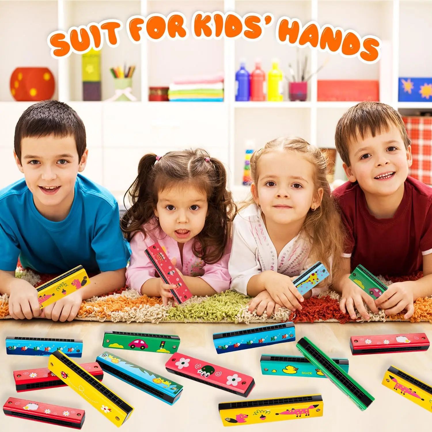 2pcs Wooden Harmonica Toy 16 Holes Cartoon Musical Instrument Toy Gift for Kids Birthday Toddler Party Favor Children Goodie Bag
