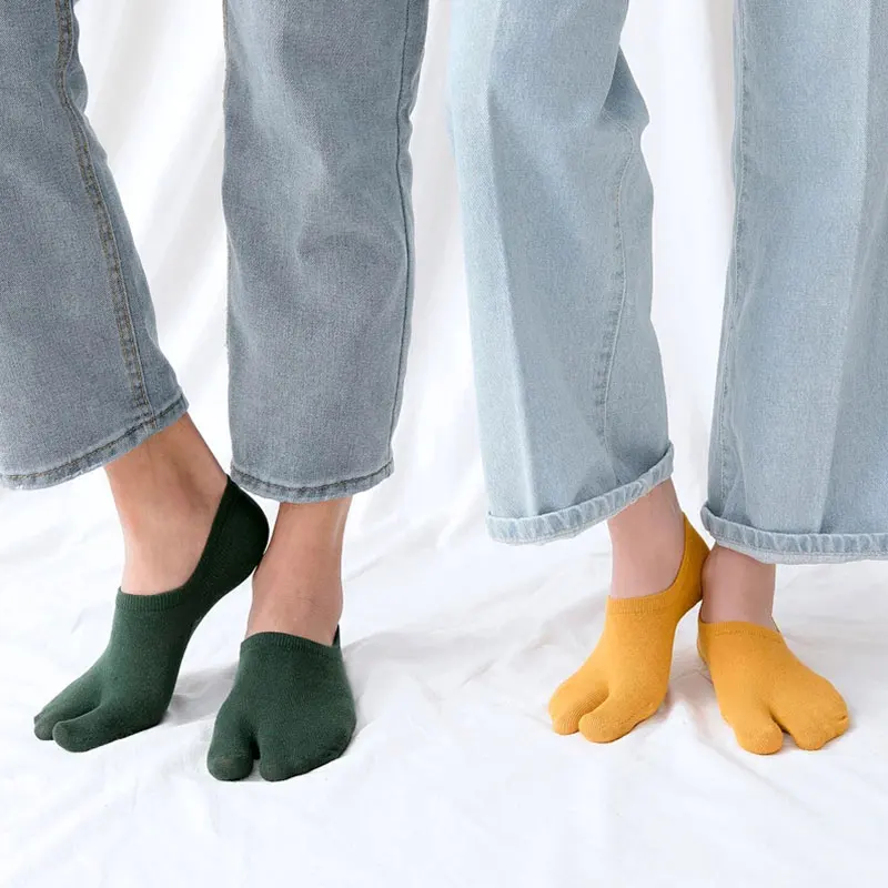 Japanese Combed Cotton Couple Tabi Sock Solid Breathable Two Finger Socks Women Men Non-Slip Invisible Low Cut Two Toe Boat Sock