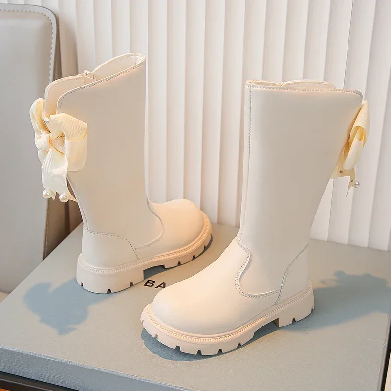 Girls Leather Boots Chic Bowtie Causal Long Boots