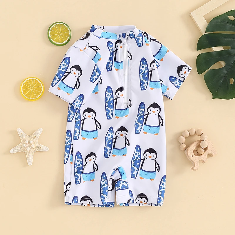 FOCUSNORM 0-3Y Summer Baby Boy's Swimwear Short Sleeve Dinosaur Print Half Zip Up Rash Guard Bathing Suit