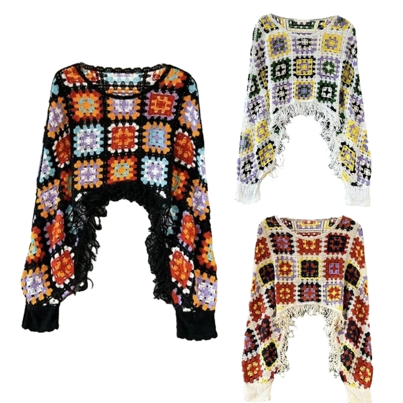 

Hollow Crochet Knit O-Neck Loose Sweater Batwing Long Sleeve Tassels Crop Top