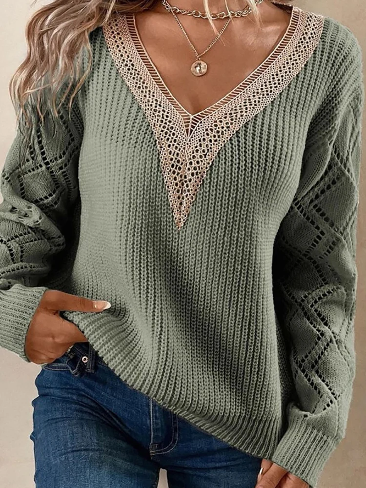 Autumn Winter Women\'s Sweater Fashion Knitted Long Sleeve Tops White Lace V-neck Pullovers Casual New In Knitwears 2024