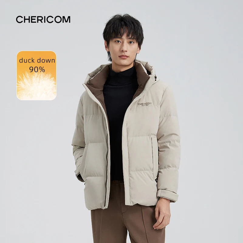 Chericom Men's Winter Down Jacket Short Hooded Contrasting Color Splicing Casual Puffer Jacket Thick Warm Padded Coat 299659