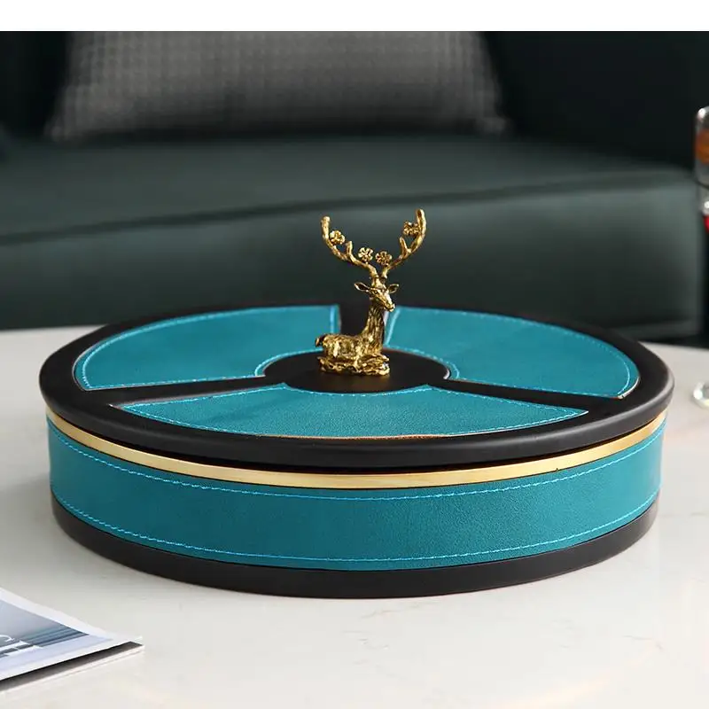 

Resin Leather Round Dried Fruit Box with Cover Deer Decoration Snack Platter Candy Plate Dried Fruit Snack Storage Box Food Tray