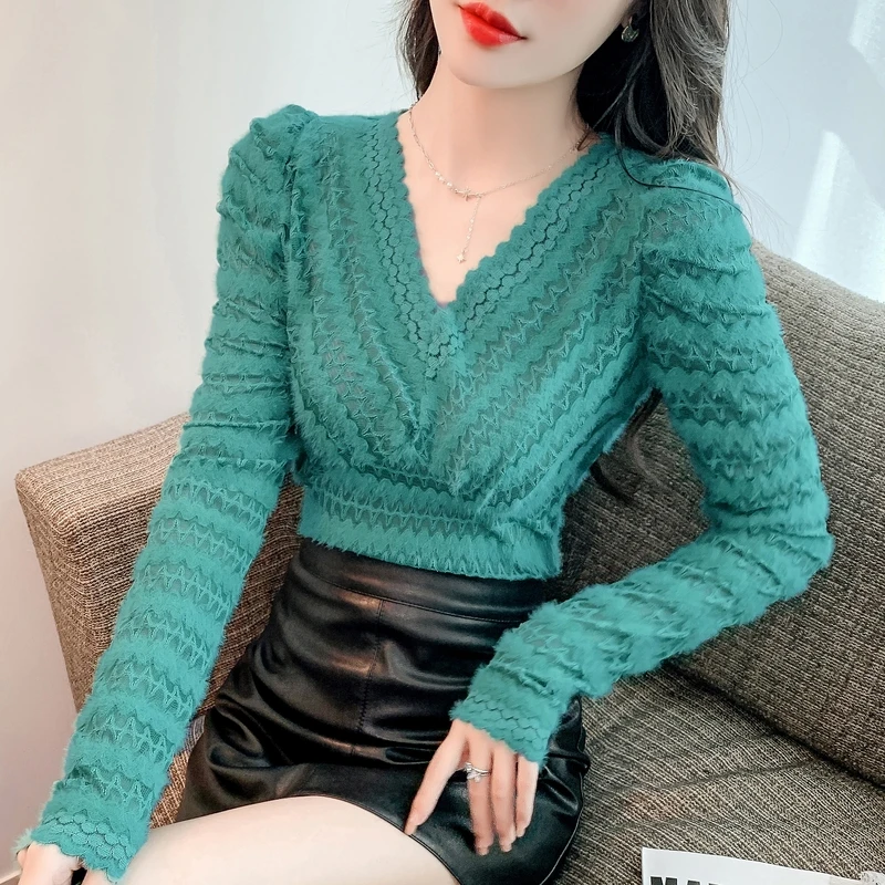 Brushed Fabric Autumn Spring Short Tops Long Puff Sleeve Women Slim Blouse V Neck Lace Crochet Striped Shirts Korea Chic Fashion