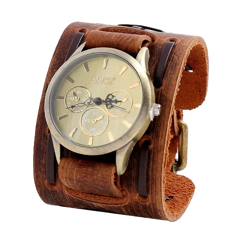 Relogio Masculi Retro Big Wide Genuine Leather Strap Watch Men Punk  Quartz Cuff Watch Wristwatches Bracelet Unusual Wrist Watch 5