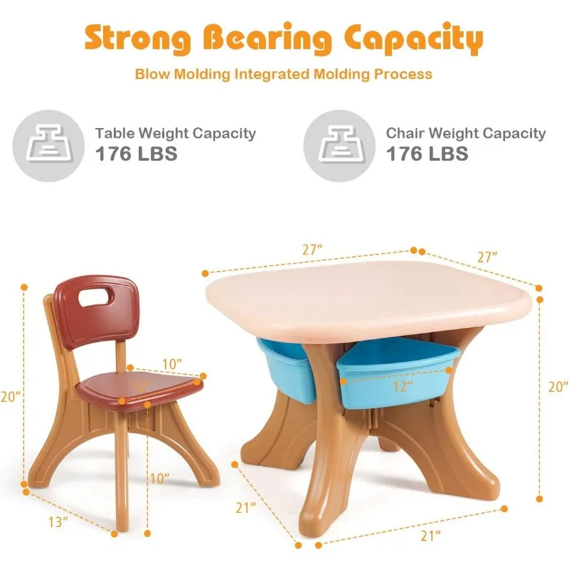 Kids Table and Chair Set, 3 Piece Activity Table w/Detachable Toy Storage Bin & 2 Chairs for Children Reading Art Craft