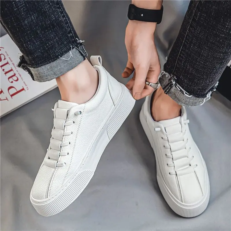 Men  Black White Leather Sneakers Casual Soft Leather Shoes Lace-up Shoes Mens Fashion Outdoor Walking Shoes Male Trainers