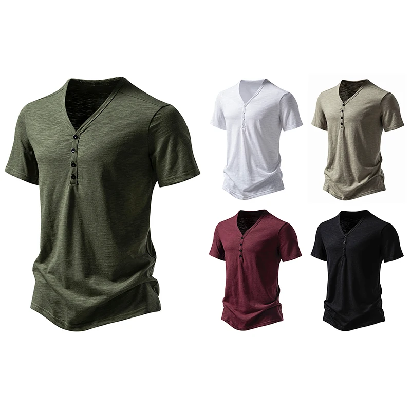 

Новый мужской топ с V-образным вырезом на четырех пуговицах, Повседневная модная узелковая хлопковая футболка с короткими рукавами, хлопковая футболка