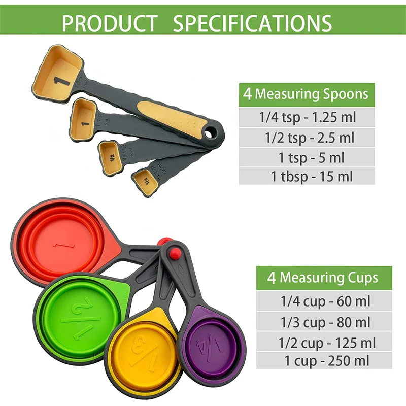 4/8Pcs Silicone Measuring Cup Measuring Spoon Collapsible Baking Measuring Tool Set for Coffee Flour Honey Sugar Baking Spoon