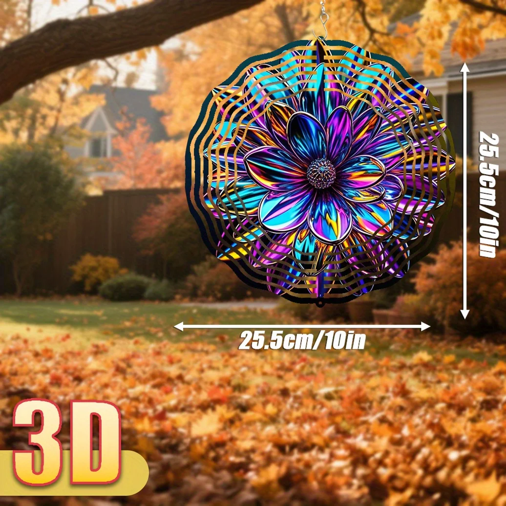 정원용 3D 금속 꽃 모양 바람개비, 10인치 무지개색 야외 바람개비(회전 고리 포함), 360도 회전 ° 창의적인 바람개비