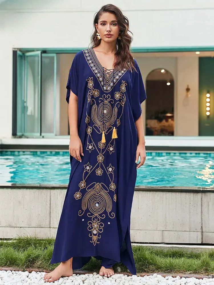 

2024 Summer Embroidery V-neck Tassel Strap Batwing Sleeve Kaftan Dress Women Loose House Robe Beachwear Maxi Dresses Q1599