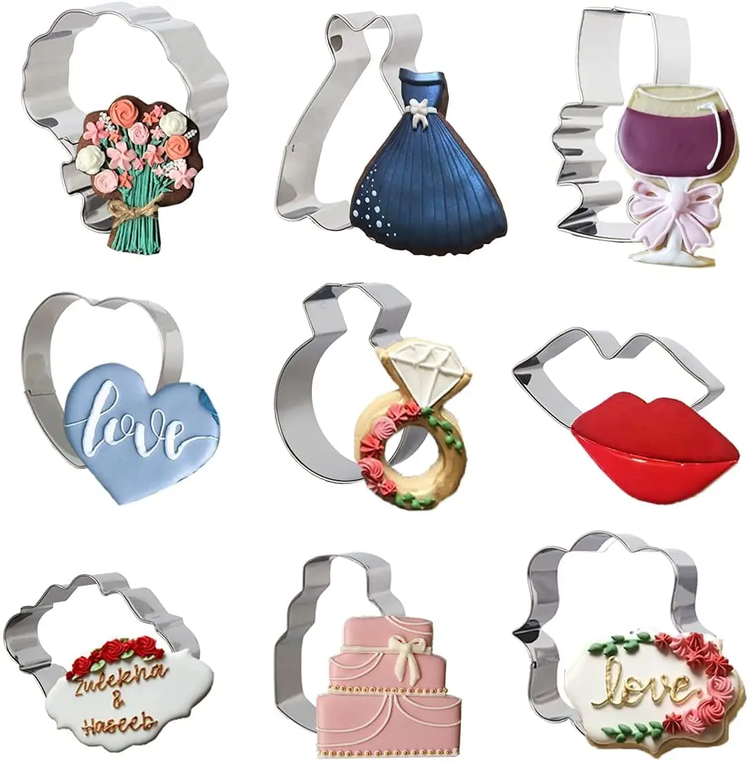 

Wedding Cookie Cutter Set Stainless Steel with Heart, Diamond Ring, Wedding Dress, Cake Bouquet for Bridal Shower Biscuit Molds