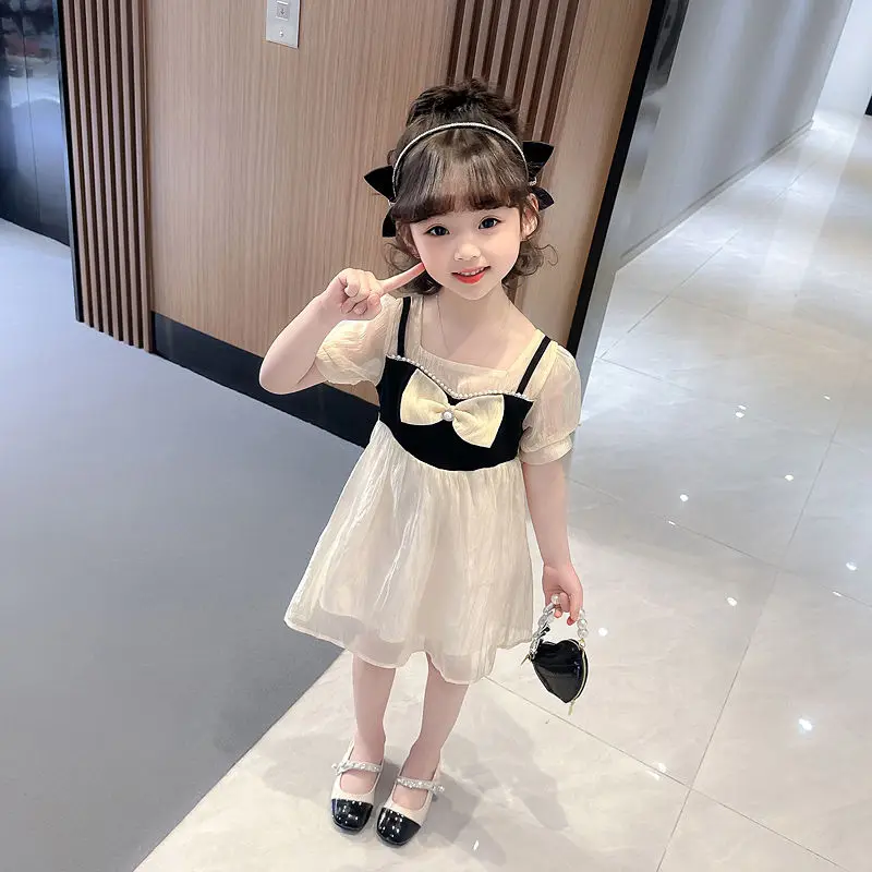 

Girls Dress Summer 2023 New Baby Girl Western Style Summer Dress Sweet Princess Dress Child Summer Square Collar Bow Tie Skirt