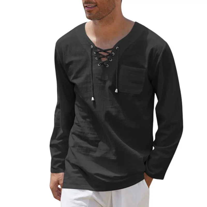 Men's Hot Sale Cotton Linen Fashion Casual Lace Up V Neck Long Sleeve Shirt