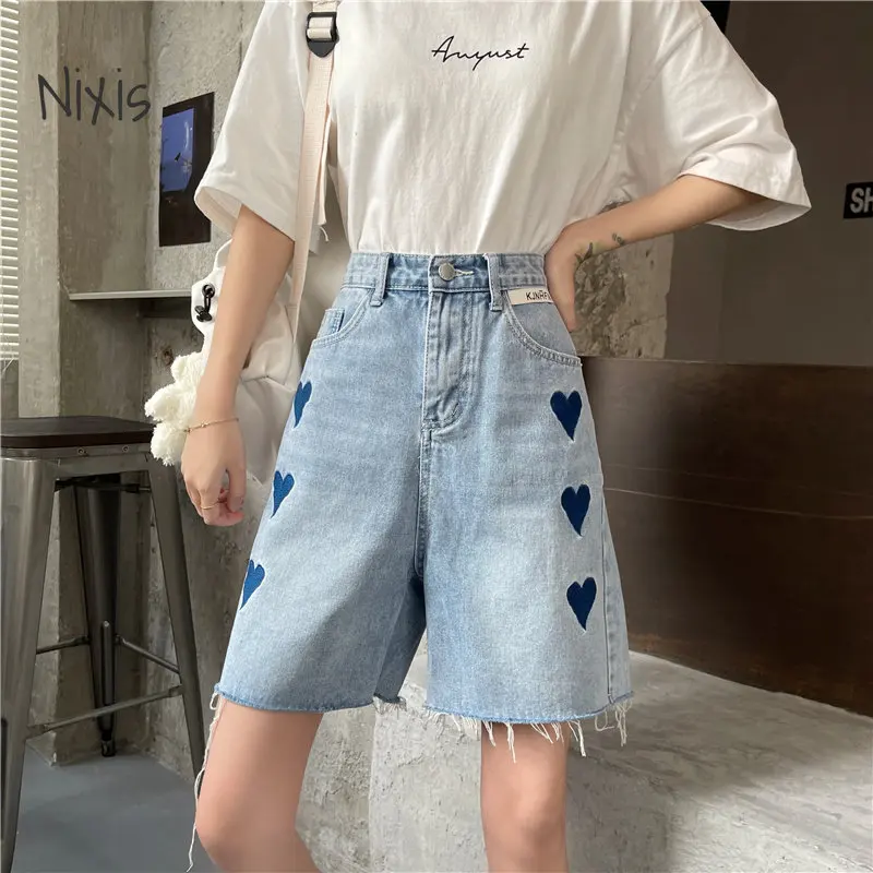 Heart Embroidery Jeans Shorts Women Street Style High Waist Baggy Straight Five Points Summer Denim Pants Female Clothing