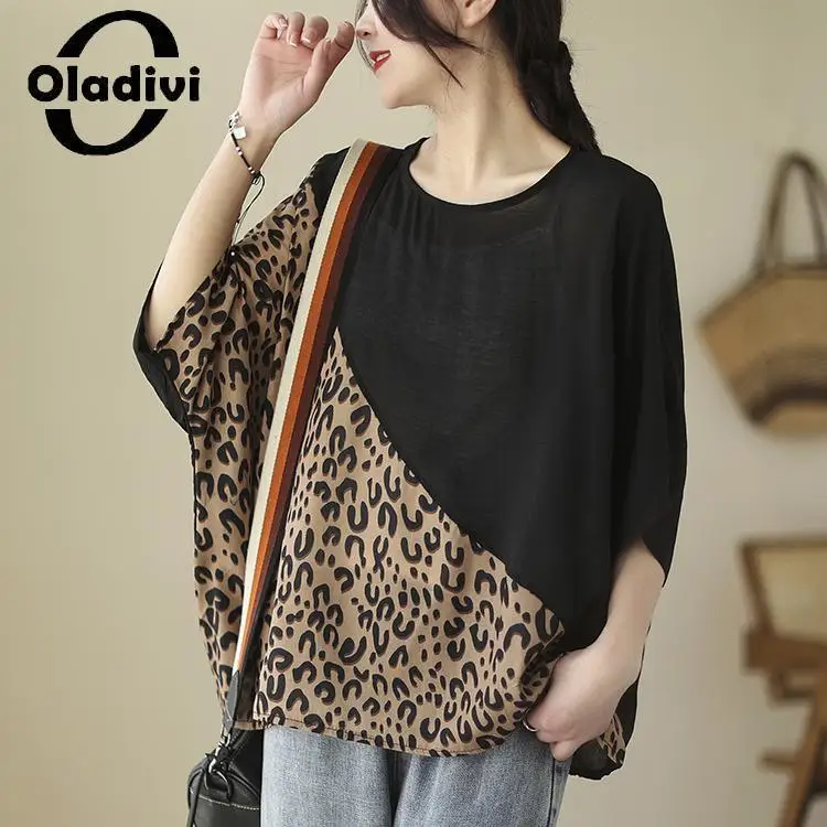 

Блузка Oladivi женская с леопардовым принтом, модная повседневная рубашка свободного покроя, туника, большие размеры, лето 2023
