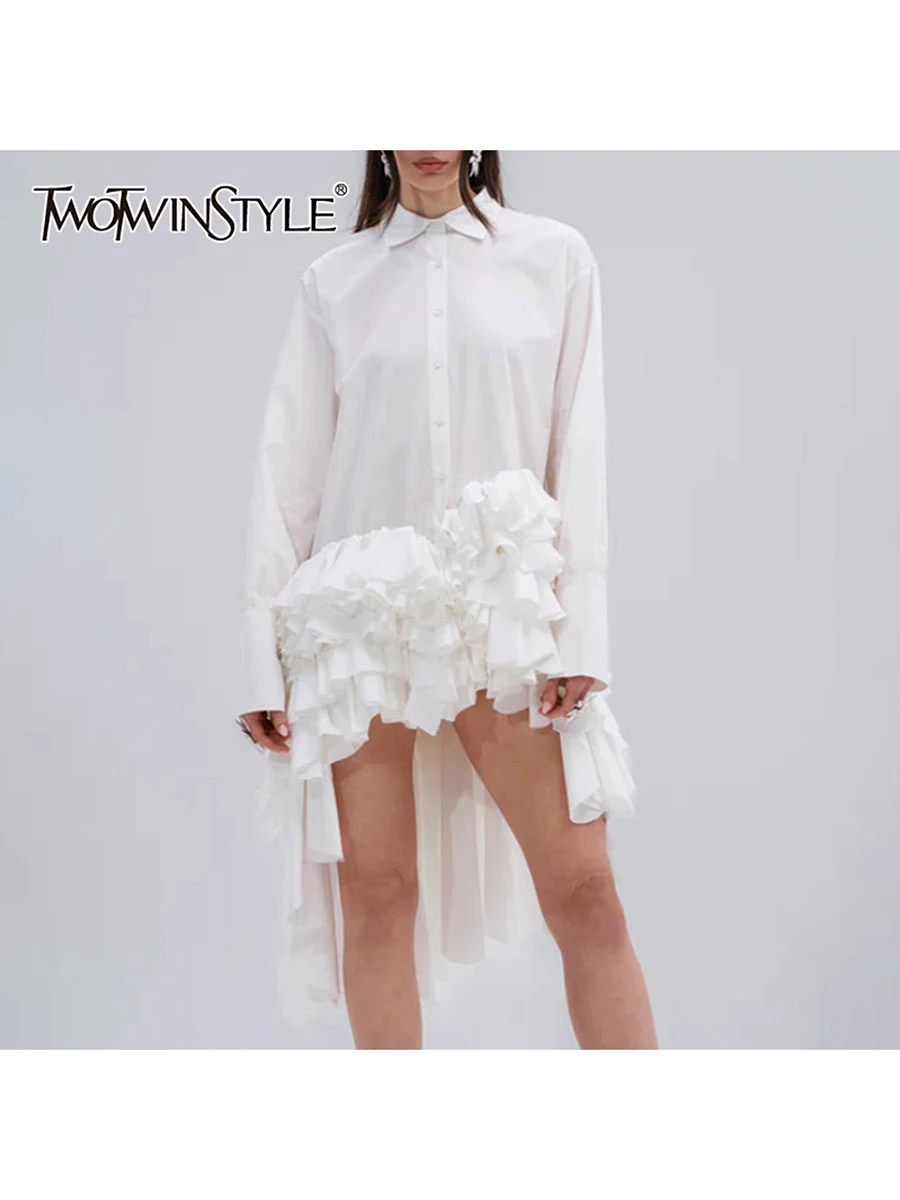 TWOTWINSTYLE Solid Loose Spliced Ruffles Folds Irregular Dresses for Women  Lapel Long Sleeves Fashion Shirt Dress Female Clothes - AliExpress 200000345