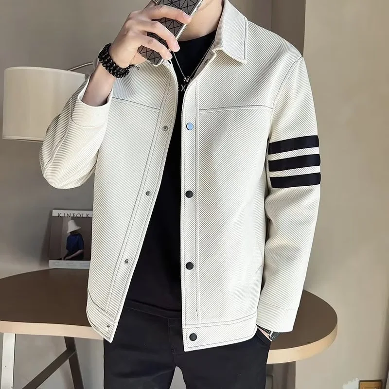 

2023 Men's Spring New Polo Collar Jacket Casual Youth Striped Color Matching Casual Jacket