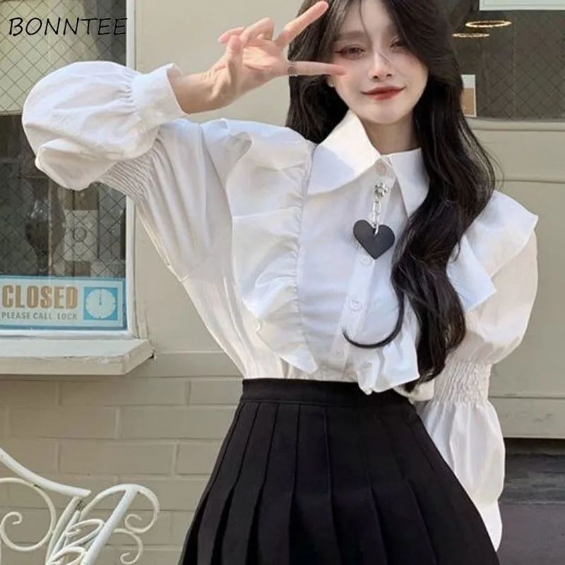 

Fashion Shirts for Women All-match Solid Young Girls Clothing High Street Elegant Simple White Long Sleeve Turn-down Collar New