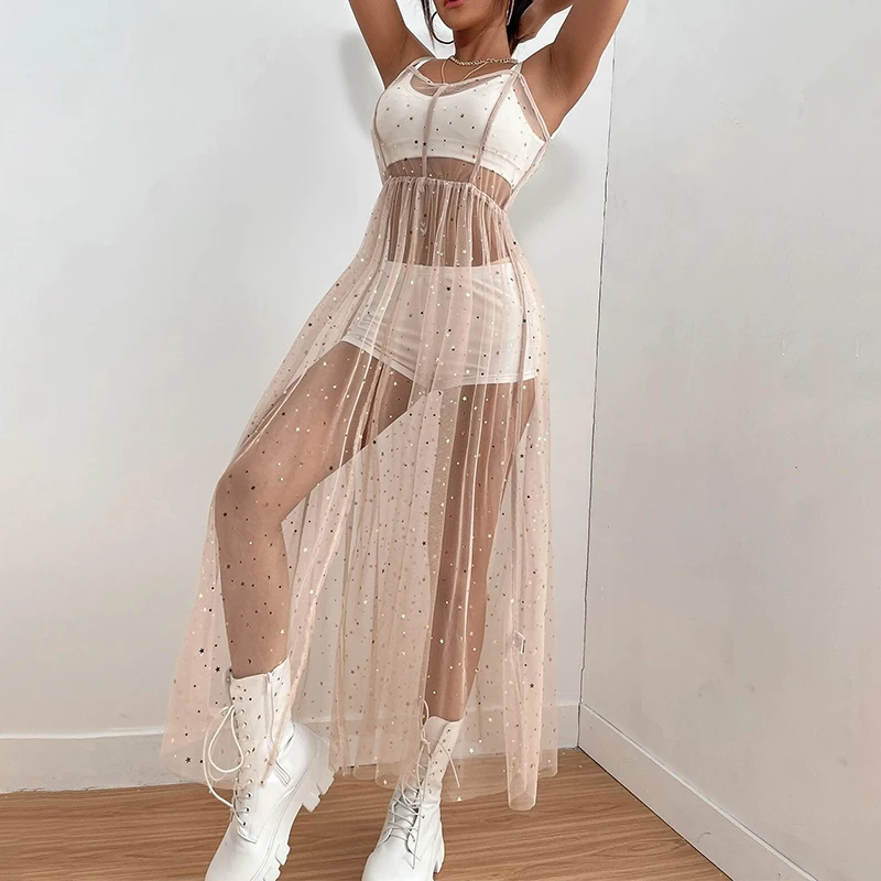 Summer Women Beach Cover Up Sleeveless Square Neck Holiday Sequined Split Smock Midi Beach Dress 1
