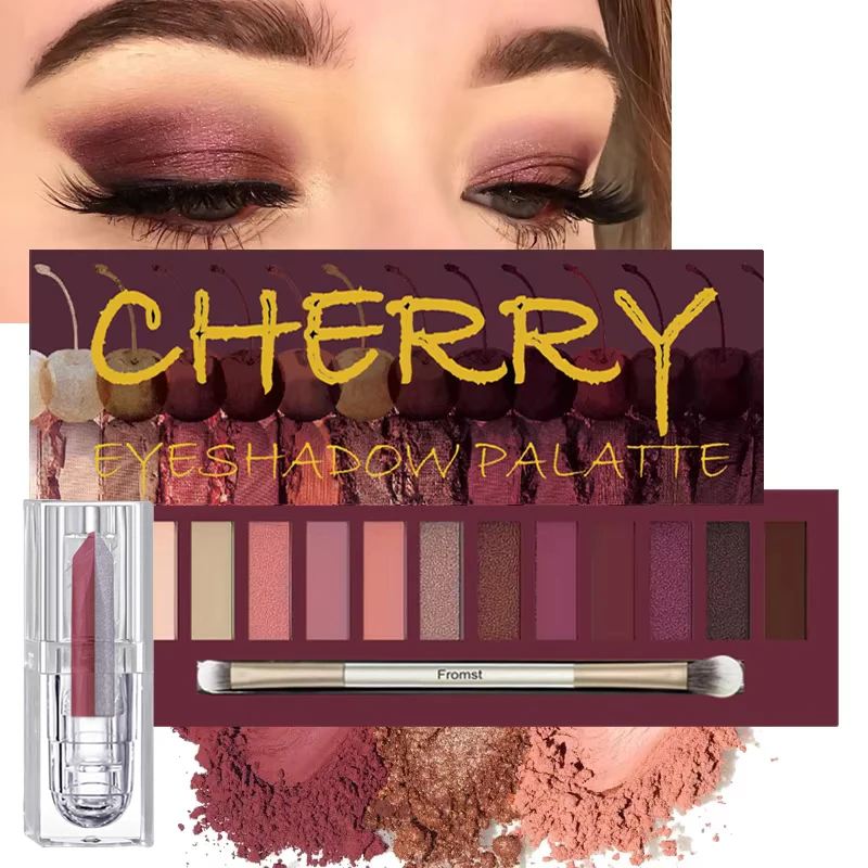 12-color Eyeshadow Tray Red Set Long-lasting Waterproof and Sweatproof Lipstick Eyeshadow Two-piece Set