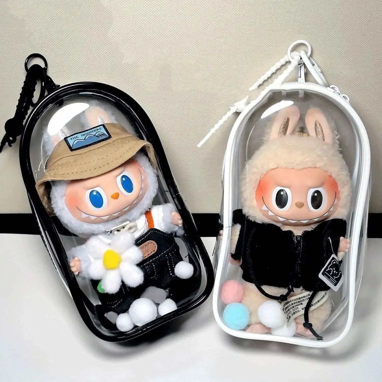 Colorful Transparent Protector Case Organizer Box for 17cm Labubu Plush Dolls Outdoor Display Bag With Keychain Doll Accessories plush dolls doll accessories