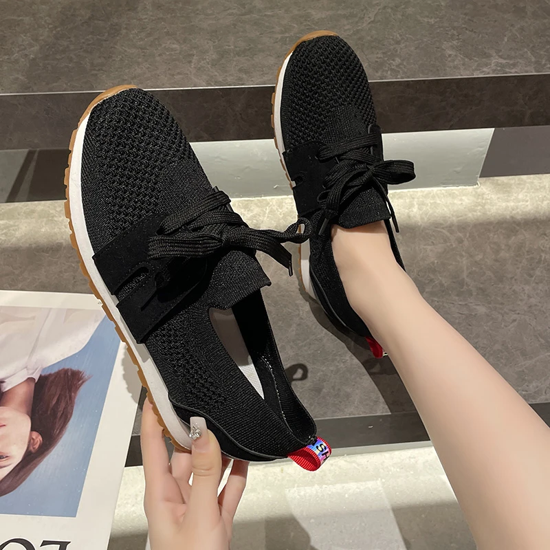 Brown Knit Breathable Sneakers Shoes Women Soft Sole Platform Flats Woman Plus Size 43 Non Slip Casual Shoes Zapatos De Mujer