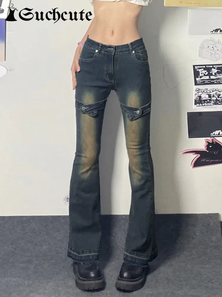 

SUCHCUTE Vintage y2k Low Waist Flared Jeans Women Korean Fashion Bondage Up Do Old Denims Trousers Slim Streetwear Pants 2000s