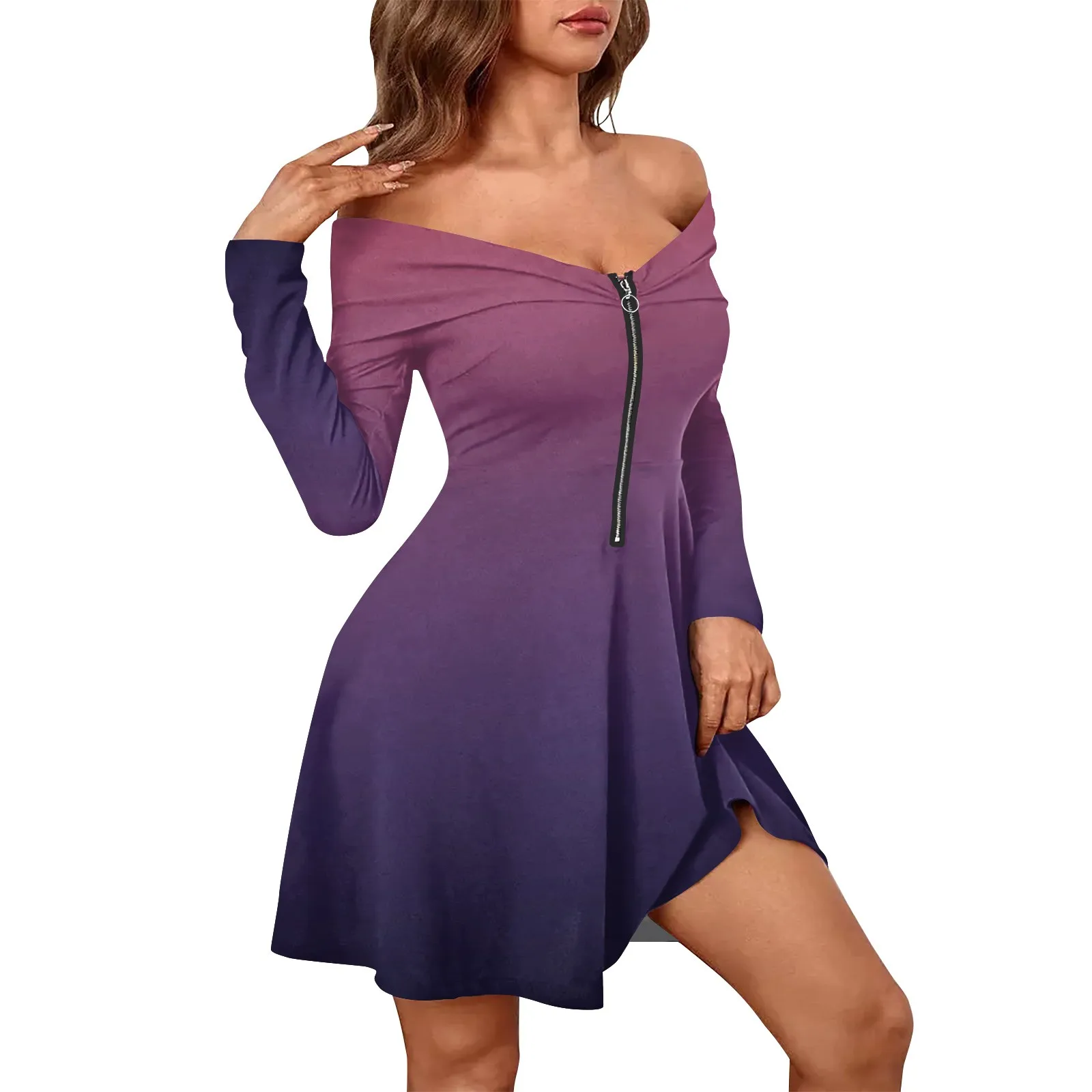 

Women'S Casual Dress Fashion Long Sleeve Gradient Print Zipper Sexy Off-Shoulder Dresss Roupas Para Mulheres Na PromoçãO 2024