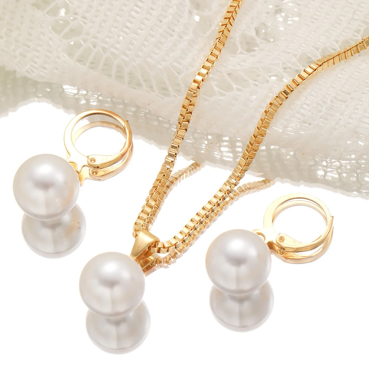 Fashion Elegant Imitation Pearl Pendant Necklace Earrings Set for Women Vintage Gold Color Chain Girl Wedding Party Jewelry Gift
