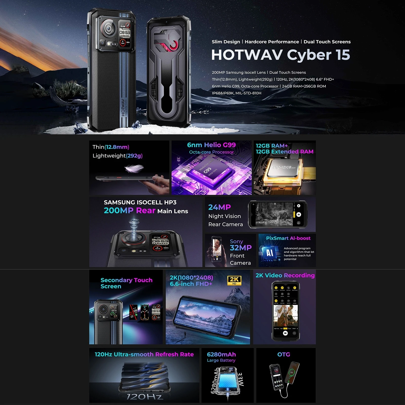 HOTWAV Cyber 15 Rugged Phone 200MP PixSmart G99 6.6FHD+ 120Hz 6280mAh Smartphone 24GB 256GB Ultra-thin Mobile Phone 2