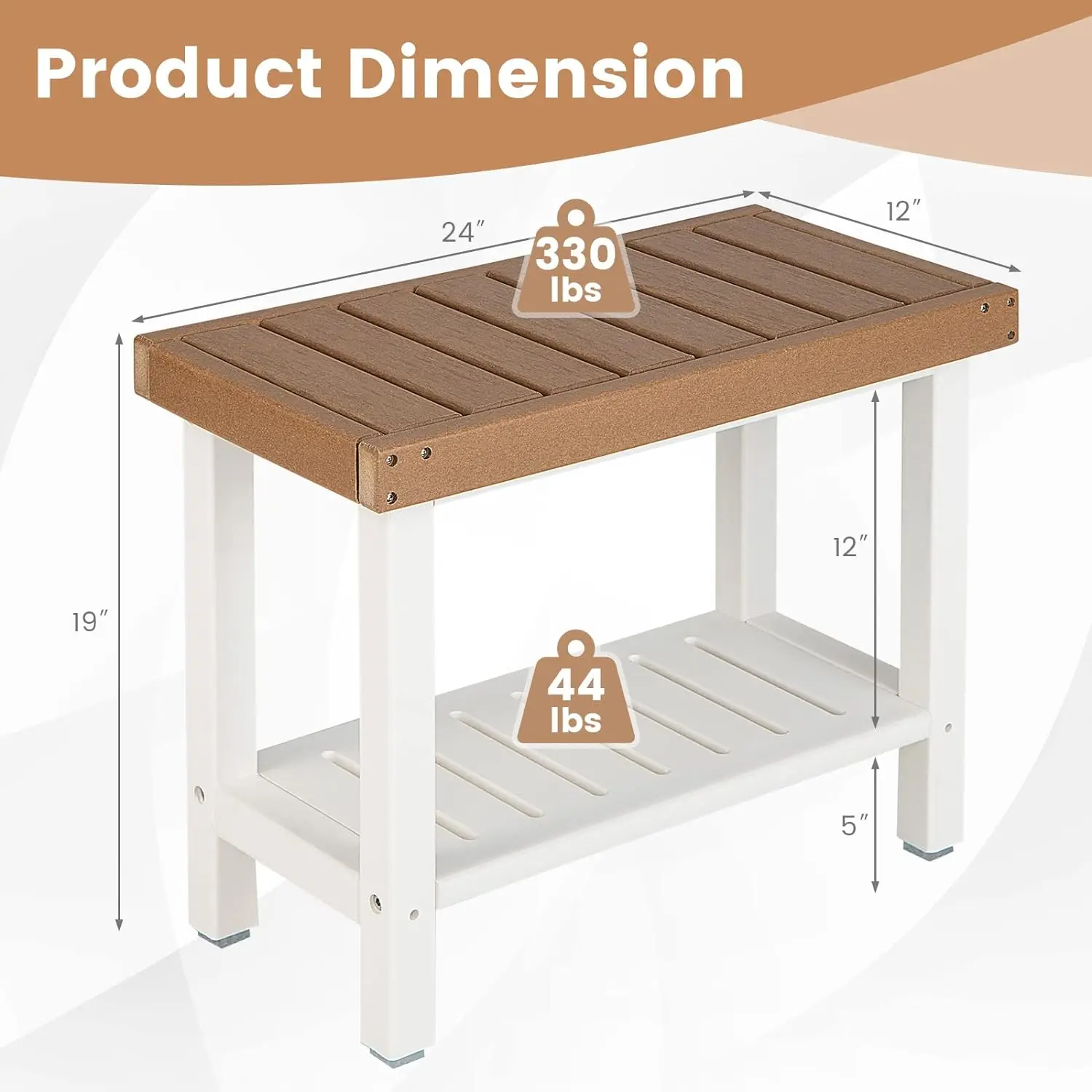 Shower Bench Stool, Waterproof HDPE Shower Seat with Storage Shelf for Shaving Legs, Non-Slip Foot Pads(Brown & White) 6