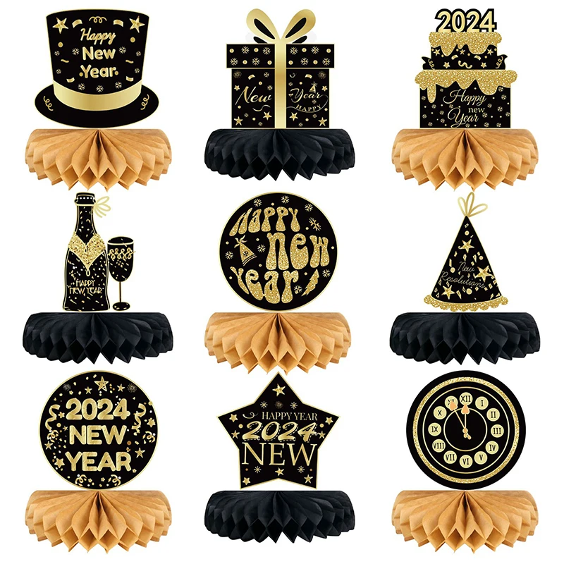 

New Year Decorations Honeycomb Centerpieces Happy New Year Theme Table Toppers 2024 Party Centerpieces Topper Party Supplies Set