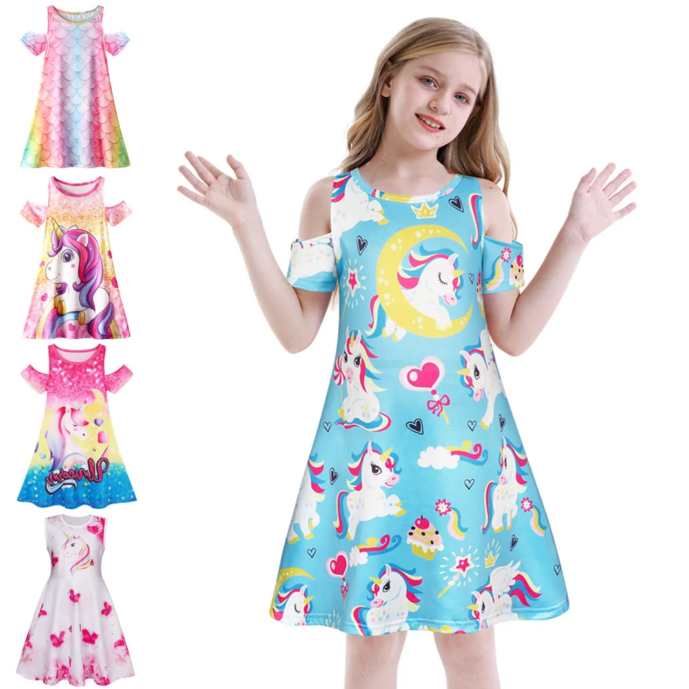 Jurebecia Girls Casual Dress For Summer 3D  Cute Swing Sundress Playwear Twirling Tiered Midi Dresses Unicorn Cartoon Outfit