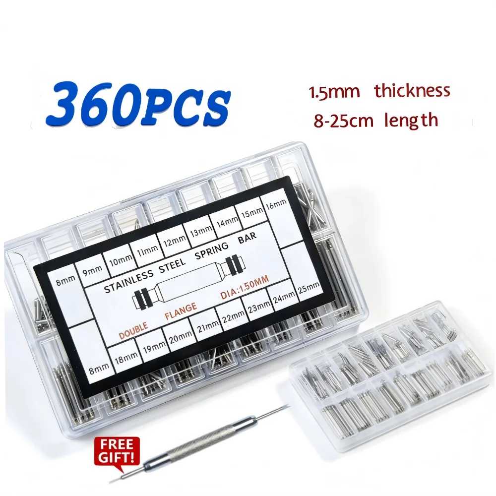 High-Quality Stainless Steel Watchband Spring Bar Set - 144-360 Pieces, 1.5mm Diameter, 8mm-25mm Length