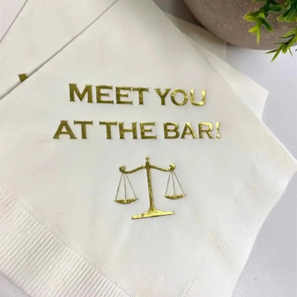 

50PCS Law School Lawyer Attorney Graduation Meet You At The Bar Printed Beverage Cocktail Napkins White w/ Metallic Gold Foil