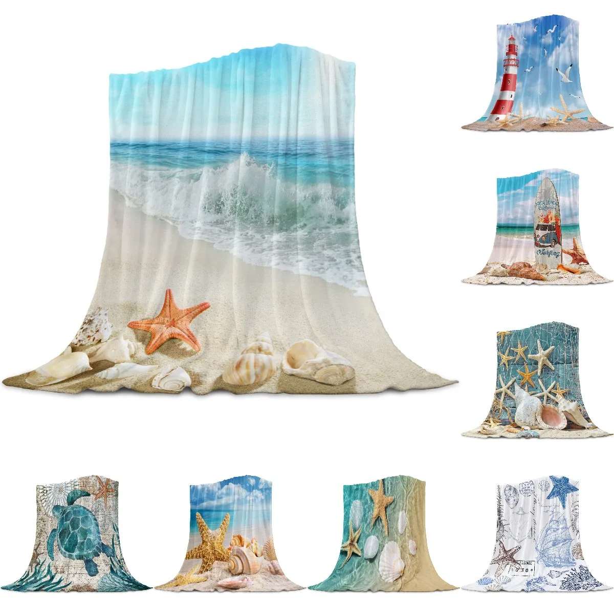 

Beach Sea Starfish Shells Printed Flannel Blanket for Camping Travel Plush Cover Rug Super Soft Fleece Throw Blankets Bedspread