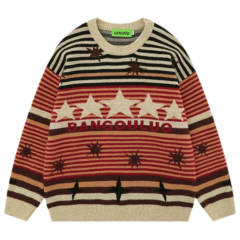 

Autumn Men Striped Knitted Jumper Sweaters Hip Hop Star Graphic Knitwear Streetwear Harajuku Fashion Casual Pullovers Clothing