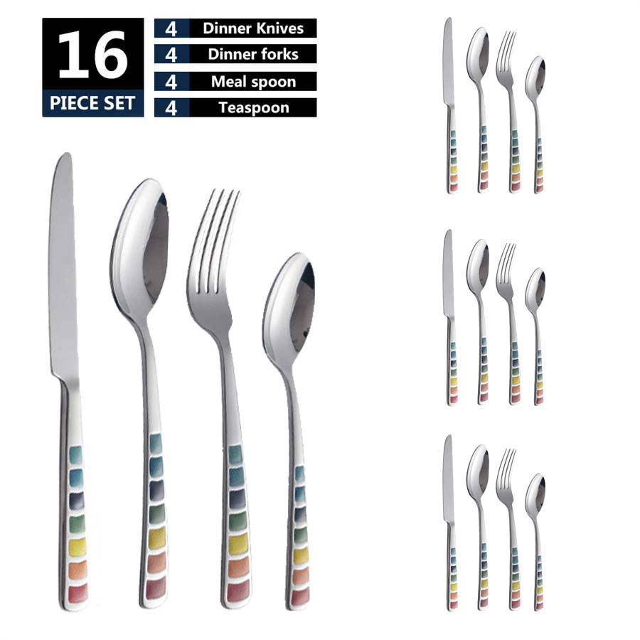 6/16pcs/set Colorful Enamel Style Knife Fork Spoon Set Household Adults Children'S Stainless Steel
