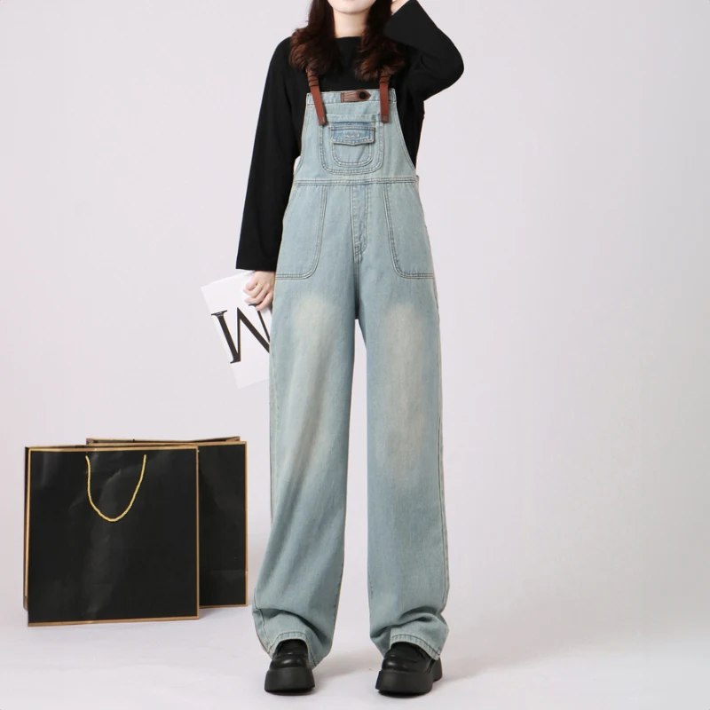 Light Blue Y2k Baggy Jeans Overalls Women's Fashion Dungarees Denim Romper Jumpsuit Loose Trousers Female Bottoms Hot Streetwear y2k retro dark blue overalls jeans for women s korean fashion denim romper jumpsuit summer loose size high street baggy trousers