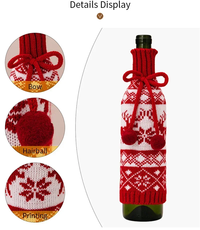 Description Picture 4 of itemChristmas Wine Bottle Cover Table Dress Knitted Snowflake Elk Belt Pattern Wine Bag Kitchen Tableware Xmas Ornament Party Gift