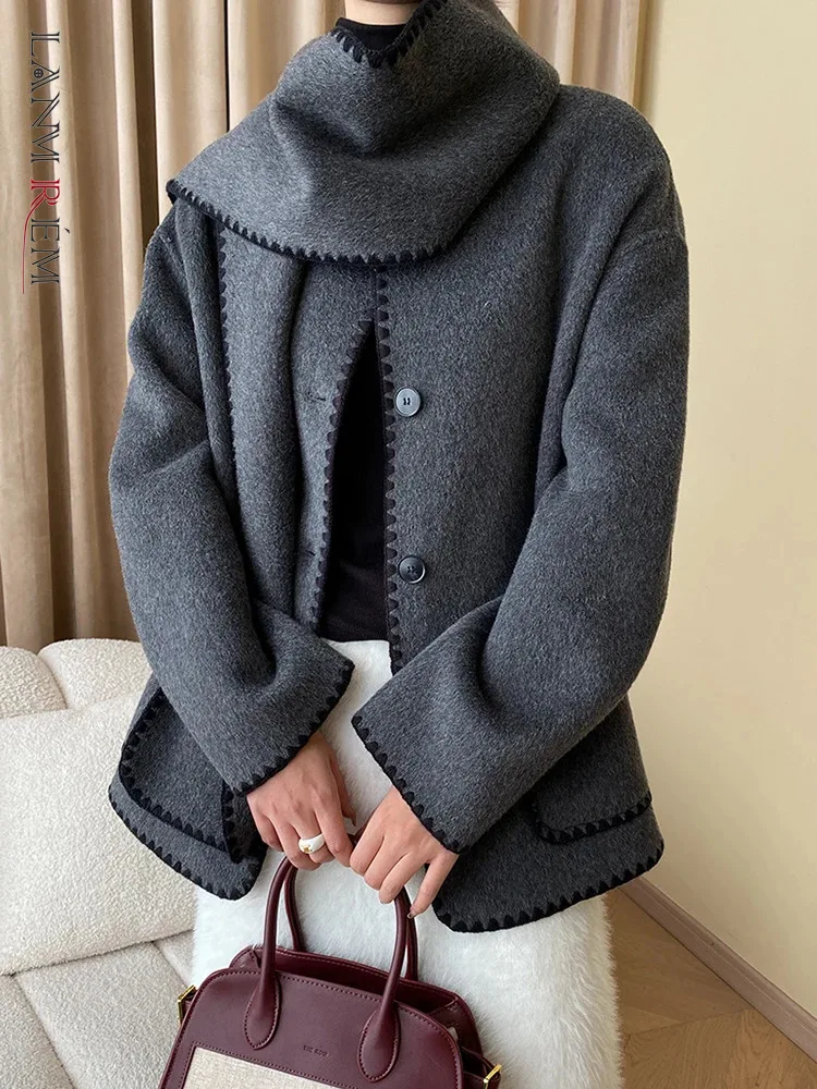 

[LANMREM] Scarf Collar Wool Coats For Women Dark Gray Single Breasted Long Sleeve Warm Outwear Female 2023 Winter New 26D7462